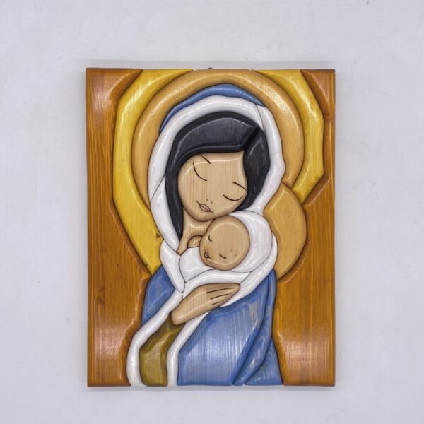 Quadro in legno di Madonna con bambino creazione artigianale